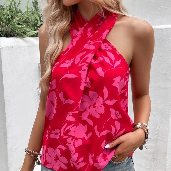 Red Boho Womens Floral Print Criss Cross Halter Neck Blouse - Picture 3 of 5